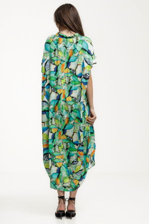 Rochie lunga lalea, vaporoasa, din vascoza cu imprimeu tropical multicolor predominant verde [3]