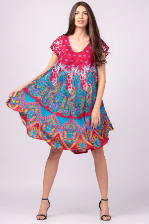 Rochii masuri mari - Rochie midi A-line cu imprimeu paisley, pe fond fucsia