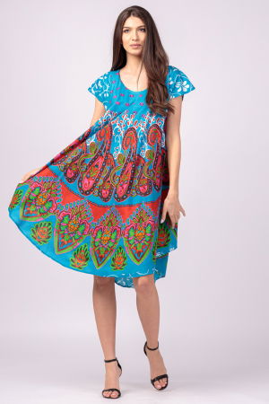 Îmbrăcăminte - Rochie midi A-line cu imprimeu paisley, pe fond turcoaz