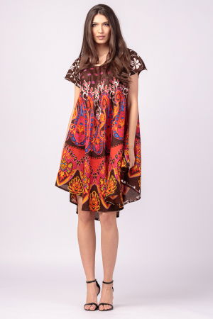 Rochie midi A-line cu imprimeu paisley, pe fond maro [1]