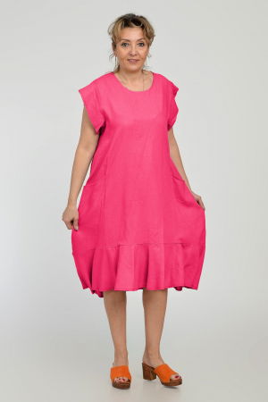 Rochie midi A-line din in mercerizat cu buzunare si volan, fucsia [1]