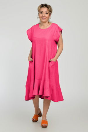 Rochii Casual - Rochie midi A-line din in mercerizat cu buzunare si volan, fucsia