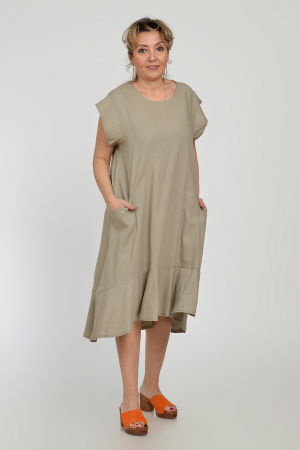 Rochie midi A-line din in mercerizat cu buzunare si volan, bej [1]