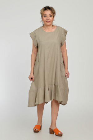 Rochie midi A-line din in mercerizat cu buzunare si volan, bej [5]