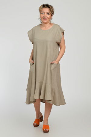 Rochii Casual - Rochie midi A-line din in mercerizat cu buzunare si volan, bej