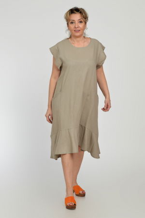 Rochie midi A-line din in mercerizat cu buzunare si volan, bej [2]