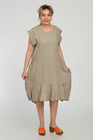 Rochie midi A-line din in mercerizat cu buzunare si volan, bej [3]