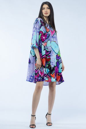 Rochii din Vâscoză - Rochie midi A-line din vascoza cu imprimeu inimi pe fond lila