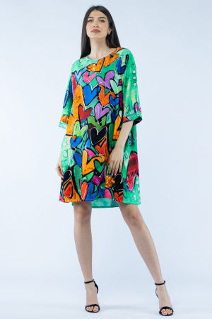 Rochii Casual - Rochie midi A-line din vascoza cu imprimeu inimi pe fond verde