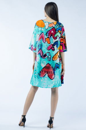 Rochie midi A-line din vascoza cu imprimeu inimi pe fond turcoaz [2]