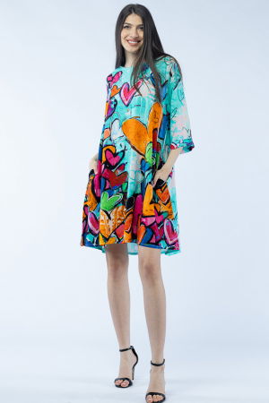 Rochii Casual - Rochie midi A-line din vascoza cu imprimeu inimi pe fond turcoaz