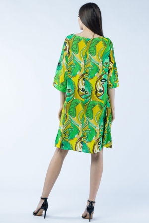 Rochie midi A-line din vascoza cu imprimeu chipuri stilizate, pe fond verde [2]