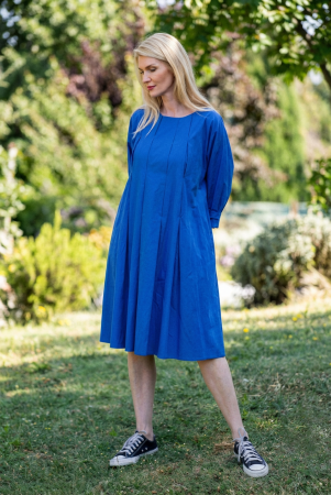 Rochie midi albastra cu pliuri in fata si spate, din poplin de bumbac [2]