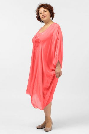 Rochie midi corai, ampla, din matase si vascoza, cu detaliu sub bust, in colturi [1]