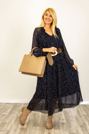 Rochii Casual - Rochie maxi neagra cu buline, cu volane si maneci vaporoase