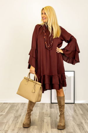 Rochii din Vâscoză - Rochie midi cu guler inalt si funda la spate, cu volane si maneci clopot, satinata, cu matase, bordo