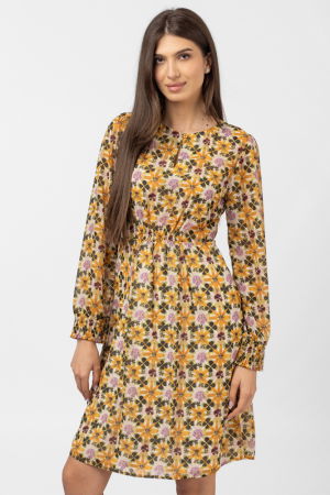 Rochii Casual - Rochie midi cu imprimeu floral galben sofran-verde olive