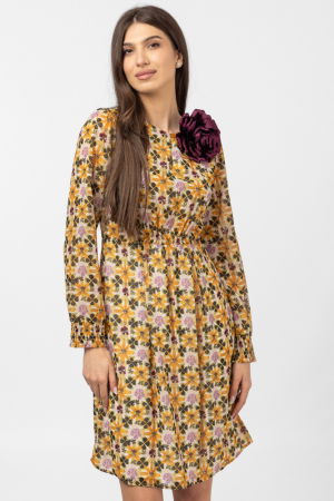 Rochie midi cu imprimeu floral galben sofran-verde olive [2]
