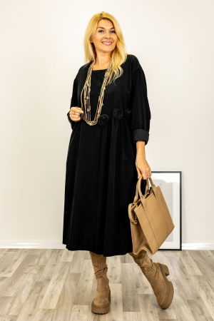 Rochie midi cu taietura oblica si boboci, din catifea reiata neagra [2]