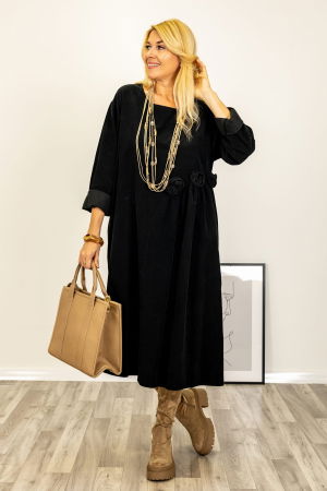 Rochii Casual - Rochie midi cu taietura oblica si boboci, din catifea reiata neagra