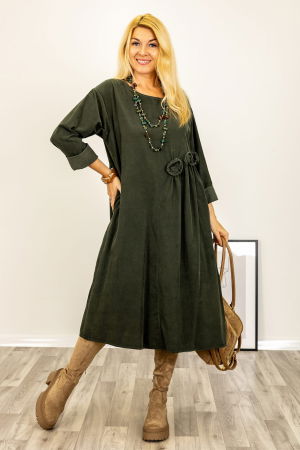 Rochii Casual - Rochie midi cu taietura oblica si boboci, din catifea reiata kaki