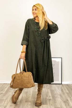 Rochie midi cu taietura oblica si boboci, din catifea reiata kaki [2]