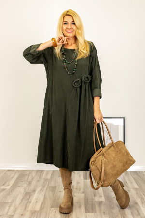 Rochie midi cu taietura oblica si boboci, din catifea reiata kaki [4]