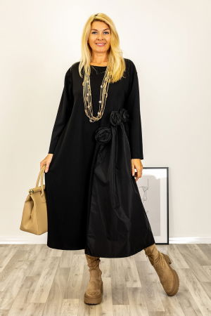 Rochii Casual - Rochie neagra asimetrica cu detalii florale 3d si insertii satinate de tafta