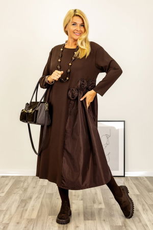 Rochii Casual - Rochie maro asimetrica cu detalii florale 3d si insertii satinate de tafta