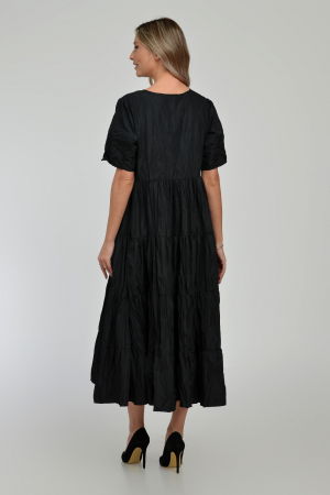 Rochie ampla, lunga, cu volane, A-line, taiata in talie, din tafta de vascoza, neagra cu irizatii maron [12]