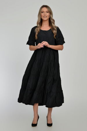 Rochie ampla, lunga, cu volane, A-line, taiata in talie, din tafta de vascoza, neagra cu irizatii maron [7]