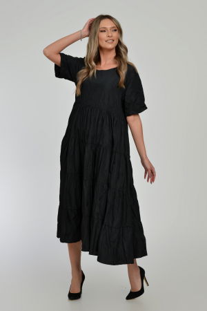 Rochie ampla, lunga, cu volane, A-line, taiata in talie, din tafta de vascoza, neagra cu irizatii maron [8]