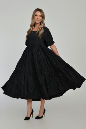 Rochie ampla, lunga, cu volane, A-line, taiata in talie, din tafta de vascoza, neagra cu irizatii maron [1]