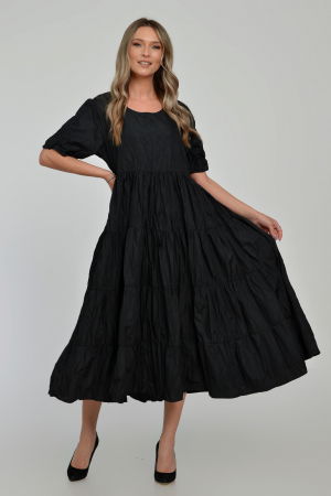 Rochie ampla, lunga, cu volane, A-line, taiata in talie, din tafta de vascoza, neagra cu irizatii maron [2]