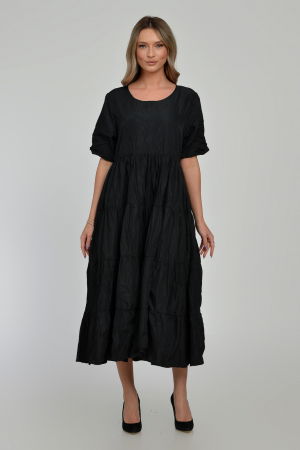 Rochie ampla, lunga, cu volane, A-line, taiata in talie, din tafta de vascoza, neagra cu irizatii maron [4]