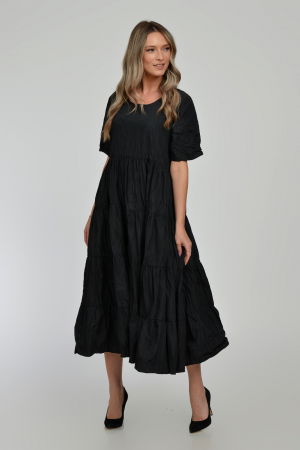 Rochie ampla, lunga, cu volane, A-line, taiata in talie, din tafta de vascoza, neagra cu irizatii maron [5]