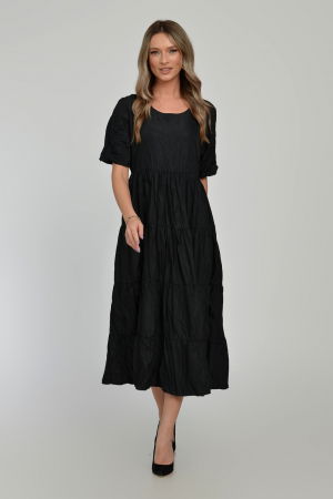 Rochie ampla, lunga, cu volane, A-line, taiata in talie, din tafta de vascoza, neagra cu irizatii maron [10]