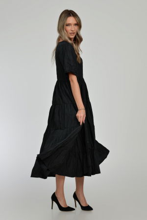 Rochie ampla, lunga, cu volane, A-line, taiata in talie, din tafta de vascoza, neagra cu irizatii maron [11]