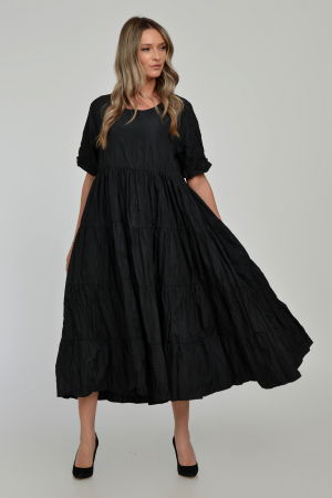 Rochie ampla, lunga, cu volane, A-line, taiata in talie, din tafta de vascoza, neagra cu irizatii maron [3]