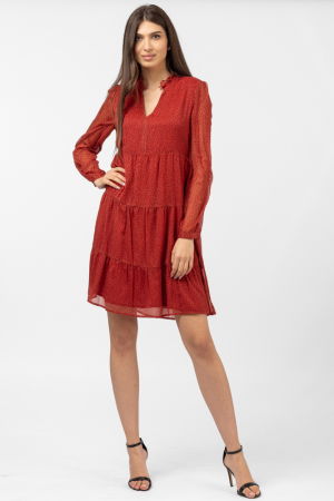 Rochii Casual - Rochie midi cu volane rosu-caramiziu si imprimeu floricele