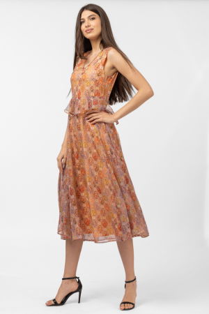 Rochie lunga diafana, orange, cu imprimeu oriental [1]