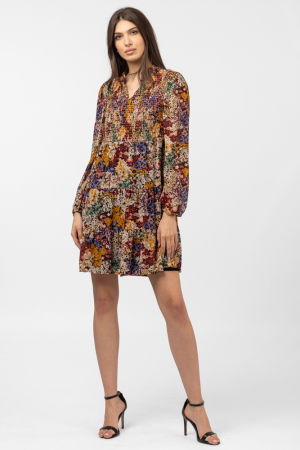 Rochii Casual - Rochie midi cu volane si imprimeu floral in nuante de toamna