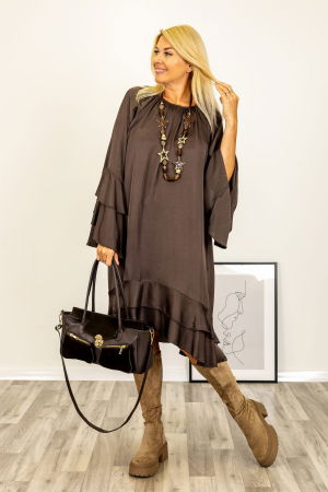 Rochii Casual - Rochie midi cu volane si maneci clopot, satinata, cu matase, maro