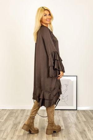 Rochie midi cu volane si maneci clopot, satinata, cu matase, maro [1]