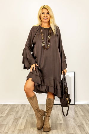 Rochie midi cu volane si maneci clopot, satinata, cu matase, maro [3]