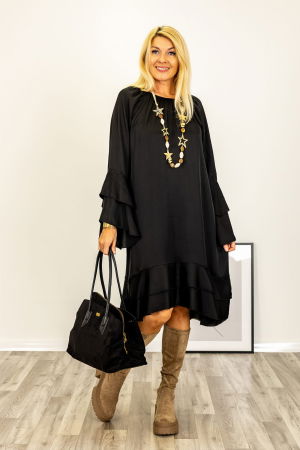 Rochii din Vâscoză - Rochie midi cu volane si maneci clopot, satinata, cu matase, neagra