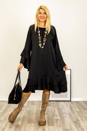 Rochie midi cu volane si maneci clopot, satinata, cu matase, neagra [4]