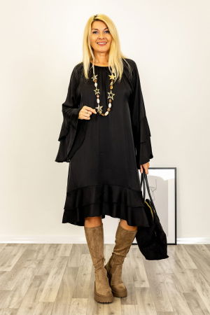 Rochie midi cu volane si maneci clopot, satinata, cu matase, neagra [1]