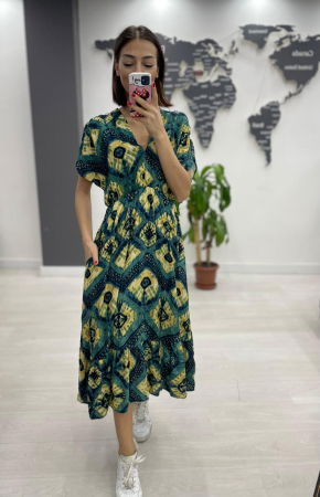 Rochie midi din bumbac, cu elastic in talie si imprimeu galben pe fond turcoaz Rochii de Vară - Rochie midi din bumbac, cu elastic in talie si imprimeu galben pe fond turcoaz