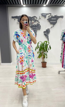 Rochie midi din bumbac, cu elastic in talie si imprimeu multicolor pe fond alb Rochii de Vară - Rochie midi din bumbac, cu elastic in talie si imprimeu multicolor pe fond alb